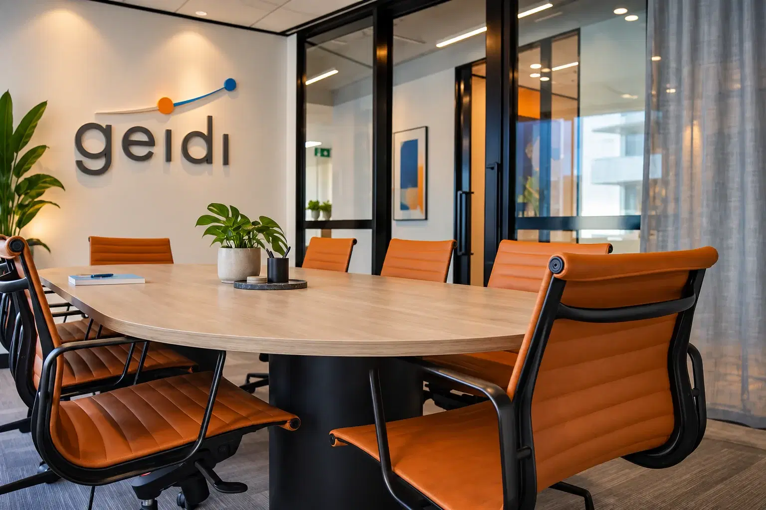 The Geidi boardroom: a timber table with orange chairs beneath the Geidi logo on the wall