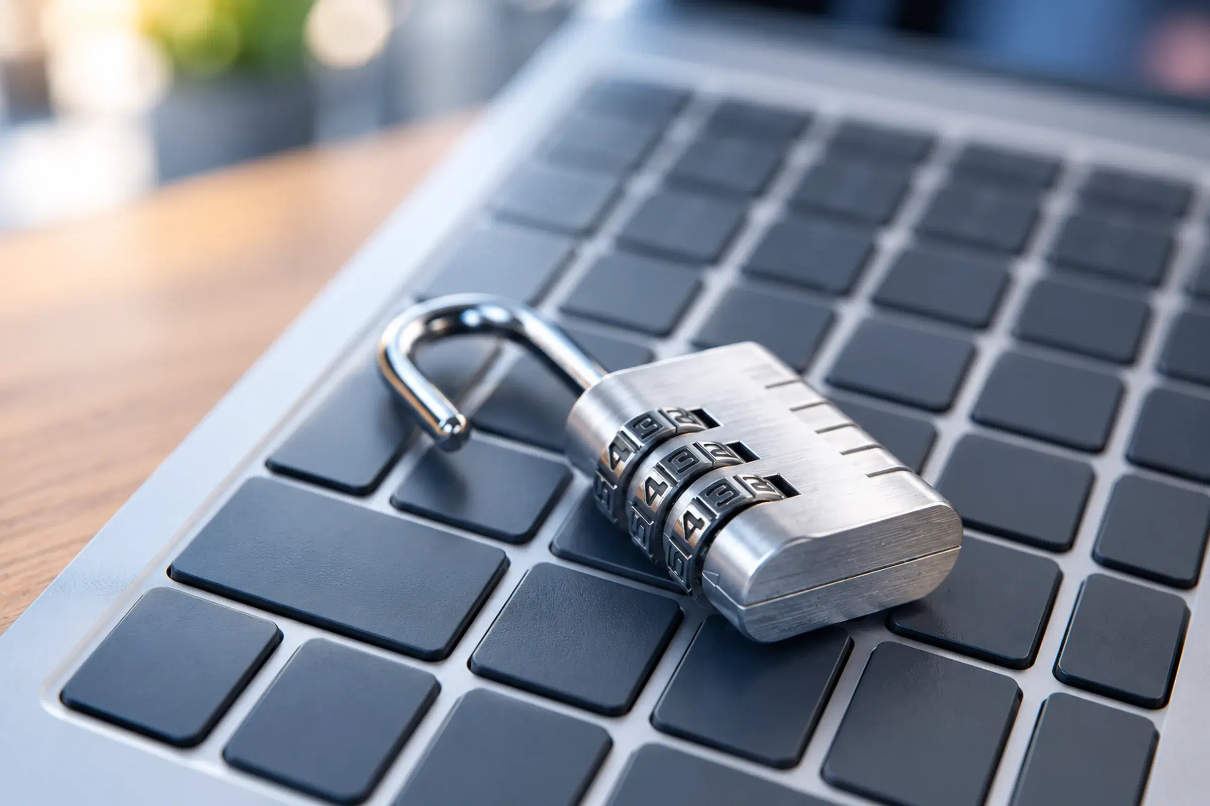 A combination padlock resting on a laptop keyboard